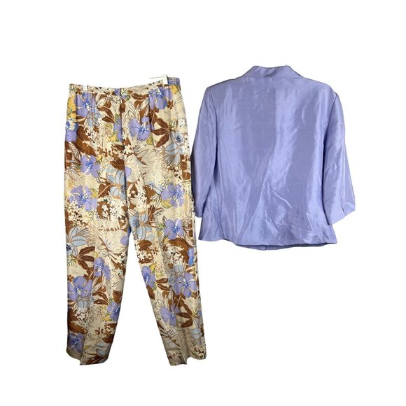 Adrianna Papell Lavender Silk Blouse & Floral Pants Set Size 16 - Picture 2 of 13